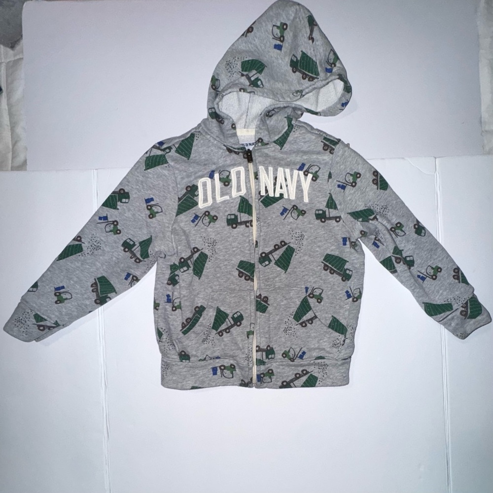 Old Navy Gray Hoodie with Green Truck Pattern